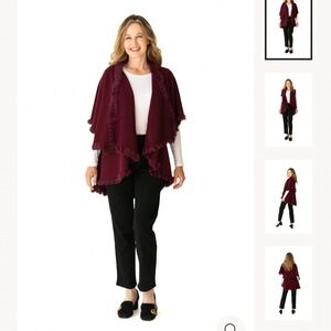 Heidi Kagan Designs Burgundy Shawl with Fur trim one Size